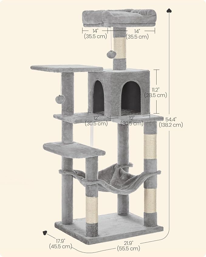 SONGMICS HOME Cat Tree for Indoor Cats, Multi-Level Cat Tower with Sisal Scratching Posts, Hammock and Condo, Light Gray