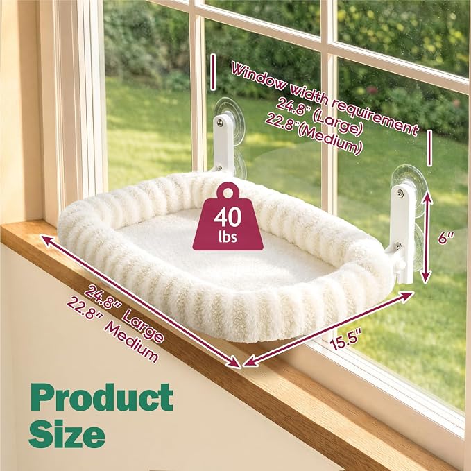 Zakkart Mellow Foldable Cat Window Perch, Upgraded Suction Cups (Beige, M) | Curtain-Friendly, Dual-Fabric Striped Machine Washable Bed, Heavy Duty ABS & Metal Frame, Hold up to 40 lbs., 22.8"W x 15.5"D