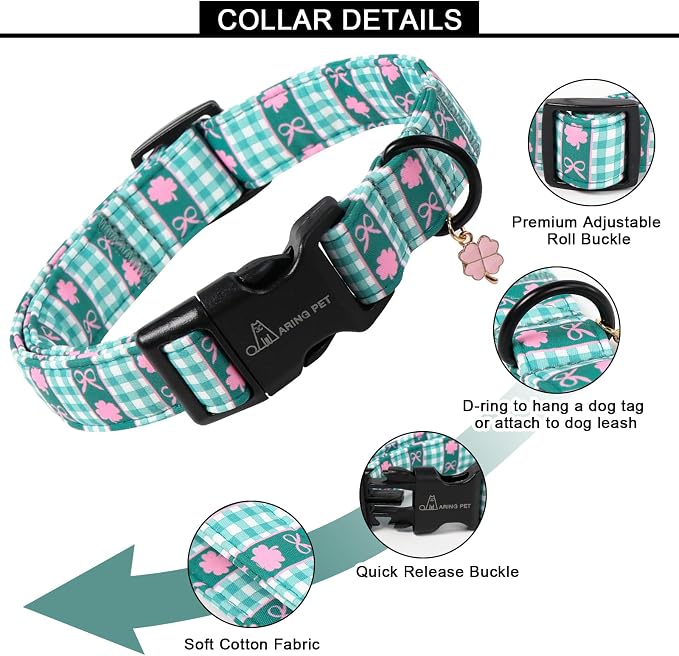 ARING PET St Patrick's Day Dog Collar, Cute Green Clover Shamrock Grid Puppy Pet Collars for Small Medium Large Boy Girl Dogs-S