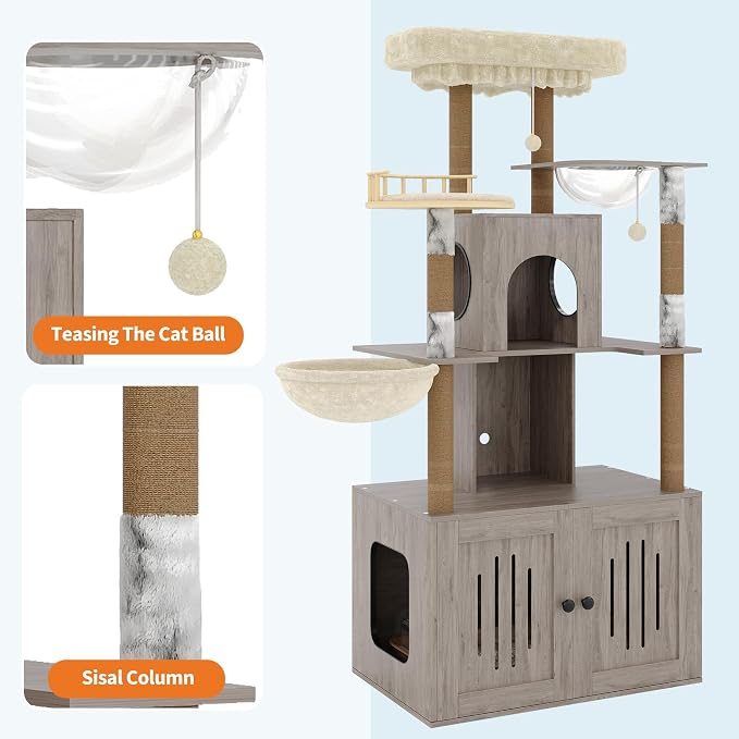 TrailBlaze Modern Multi-Level Cat Tree with Hidden Litter Box Enclosure - Large Soft Perch - Sisal Scratching Posts - Cat Condo & Hammock for Indoor Cats - Gray