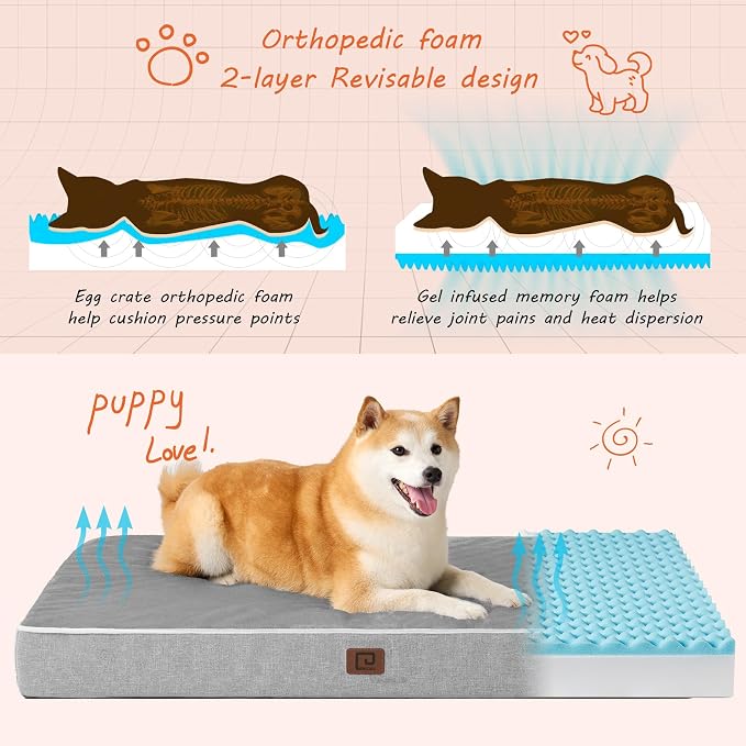 EHEYCIGA Large Washable Dog Crate Bed with Memory Foam, 35x23Inch, Grey | High Density Egg Crate Foam, Waterproof Liner, Removable Easy Clean Cover, Non-Slip Bottom, Fits Crate, Floor and Sofa