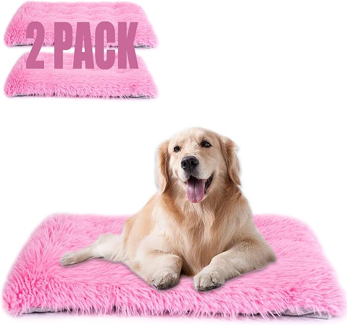 Machine Washable Dog Bed, Deluxe Plush Dog Crate Pad and Cat Bed, Anti-Slip Bottom Kennel Pad Mat, Fuzzy Pet Beds for Large, Medium, Small Dogs Breeds (Pink, 24.0" L x 18.0" W x 3.0" Th x 2 Pack)