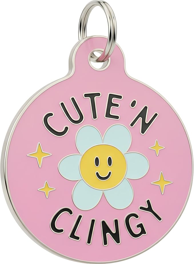 Bad Tags Personalized Dog and Cat ID Tags in 25+ Designs and 2 Sizes - 5 Lines of Custom Engraved Text - Funny Cute Personalized Pet Tags (Cute N Clingy - Pink, Large (1.25 inch))