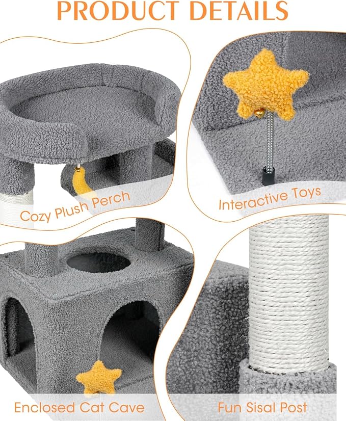 30" Cat Tower for Kittens, Compact Light Gray Cat Tree Indoor | Plush Finish, Cozy Condo, Soft Top Perch, Sisal Scratching Post, Dangling Ball Toy, Anti-Tip Base, for Cats up to 15 lbs