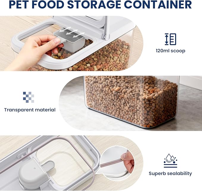 LEAWALK 12 Lbs Airtight Dog Cat Food Storage Container and Dog Treat Containers BPA-Free, PET Clear Stackable Pet Storage Bin, 1-Cup Scoop, 1-Sponge cleaning brush, Pop Top, With handle, Easy Mobility