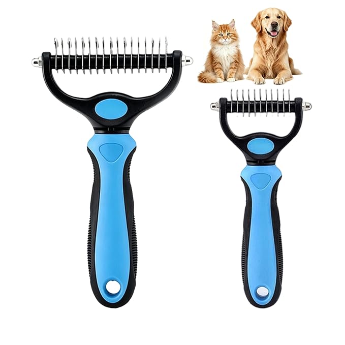 Dematting Comb for Dogs and Cats, Undercoat Rake Pet Brush for Long Hair, Deshedding Dog Brush Removes Tangles Knots and Loose Fur, Grooming Tool for Thick Coats (Blue M+L)