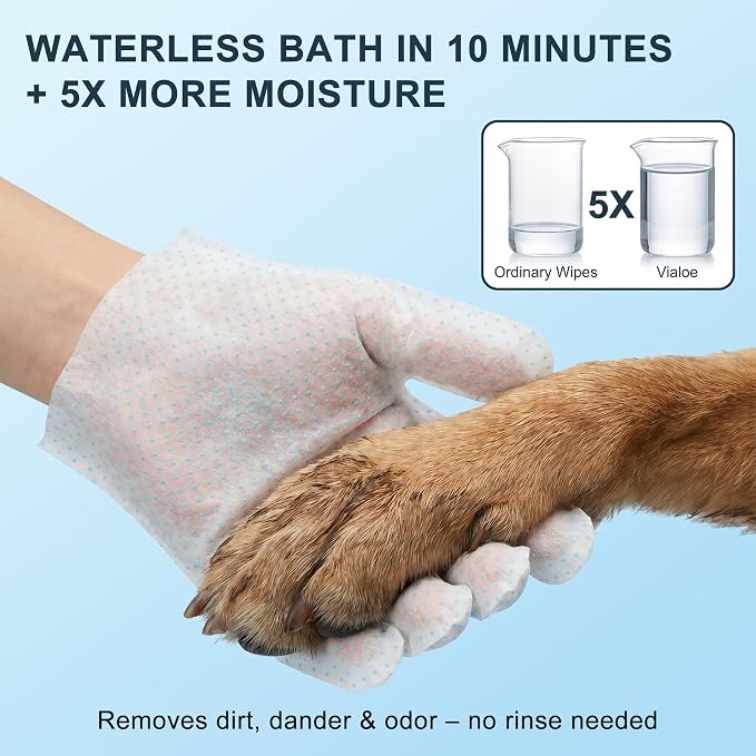 4-in-1 Pet Grooming Glove Wipes – Deshedding, Cleaning, Massage & Coat Care – Removes Loose Fur, Dirt & Odor – Honey, Shea Butter & Oat – 5X Moisture – Waterless Dog & Cat Bath