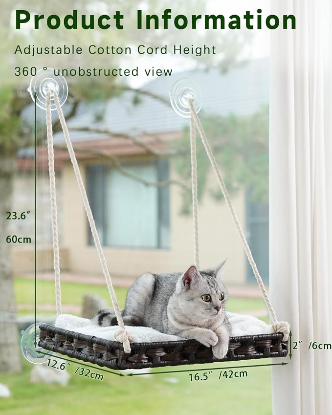 SETVSON Cat Window Perch, Cat Window Hammock Bed for Indoor Cats, Brown | Handwoven PE Rattan Window Seat, 4 Strong 3.2-In Suction Cups, Double Sided Washable Cushion Bed, 2.3 Inch Fence, Easy Care