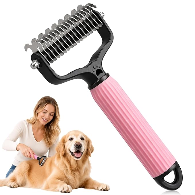 Pet Grooming Brush, Double-Sided Deshedding Dematting Tool for Dogs & Cats, Detangling Tool For Matted Fur, Ideal For Medium Or Long Haired Breeds (Pink)