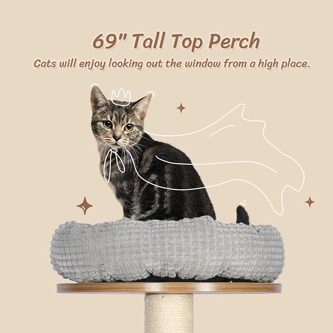 Solid Wood Cat Tree, 69” Large Tall Cat Tower Multi-Level Platforms with Sisal Scratching Posts, Cat Tree for Large Cats 20 lbs Heavy Duty, Cat Condo Furniture for Active Cats