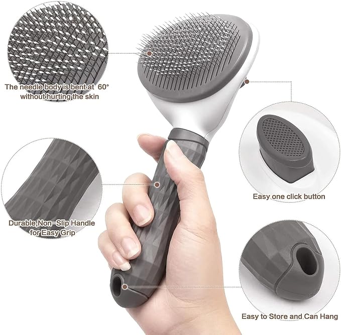 Cat Grooming Brush, Self Cleaning Slicker Brushes for Dogs Cats Pet Grooming Brush Tool Gently Removes Loose Undercoat, Mats Tangled Hair Slicker Brush for Pet Massage-Self Cleaning Upgraded (Grey)