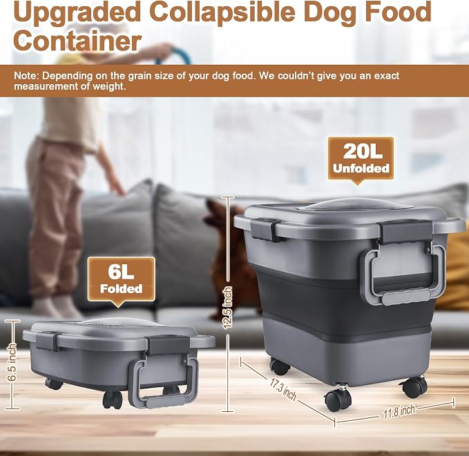 Dog Food Storage Container, 10-20 lbs Airtight Collapsible Cat Food Storage Container with Attachable Wheels, Portable Handle, Dog Food Scoop for Dog Cat Bird Pet Dry Food Storage Bin Dark Grey