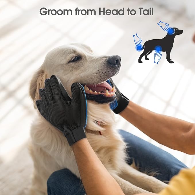 Pet Hair Removal Glove with 255 Silicone Tips for Dogs & Cats, 1 Pair Blue | 2-in-1 Deshedding & Massage Mitt, 5-Finger Flexible Design, for Bathing & Grooming, Safe for Long/Short/Curly Hair Pets