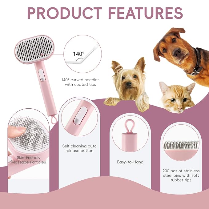 2 Pack Pet Hair Remover Kit Self Cleaning Slicker Brush for Cats Dogs & Electrostatic Grooming Glove One-Click Deshedding Brush Pet Hair Remover for Furniture Couch Clothes(Pink)