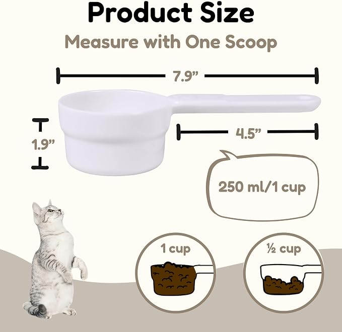 1 Cup Dog Food Scoop, Extra Long Handle Sturdy Melamine Pet Food Measuring Scoop with Clear Marking Lines, BPA-Free, Shatterproof, Dishwasher Safe (White, 1 Cup)