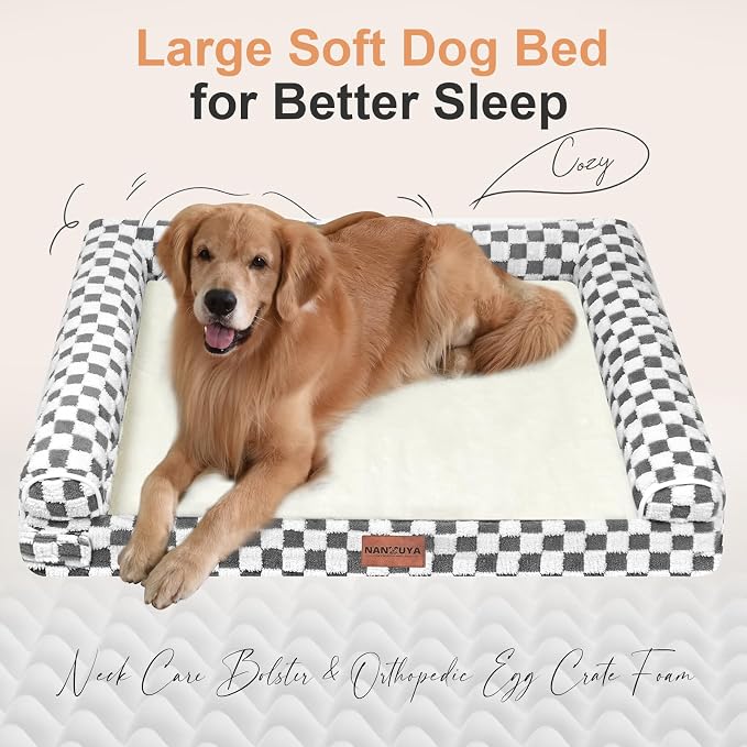 NANUYA Orthopedic Dog Bed for Large Dogs, 38 x 25 Inch, Dark Grey Grid | Egg crate foam for joint support, 3-sided bolster pet sofa, waterproof lining, washable cover, and non-skid base