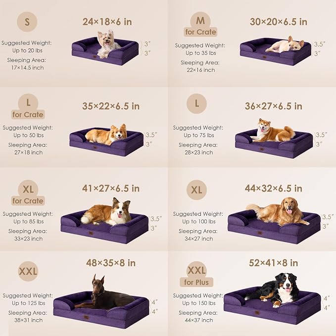 EHEYCIGA Orthopedic Dog Bed for Small Dogs, Waterproof Memory Foam Small Dog Beds with Sides, Non-Slip Bottom and Egg-Crate Foam Medium Pet Couch Bed with Washable Removable Cover, Purple