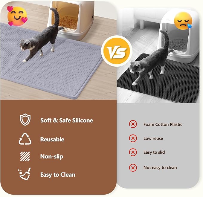Silicone Cat Litter Box Mat 34'' x 22'' Cat Mat with Toy, Grey | Extra Large Litter Mat with lip, Non-Slip Waterproof Cat Litter Mat Litter Trapping Mat for Floor, Easy to Clean