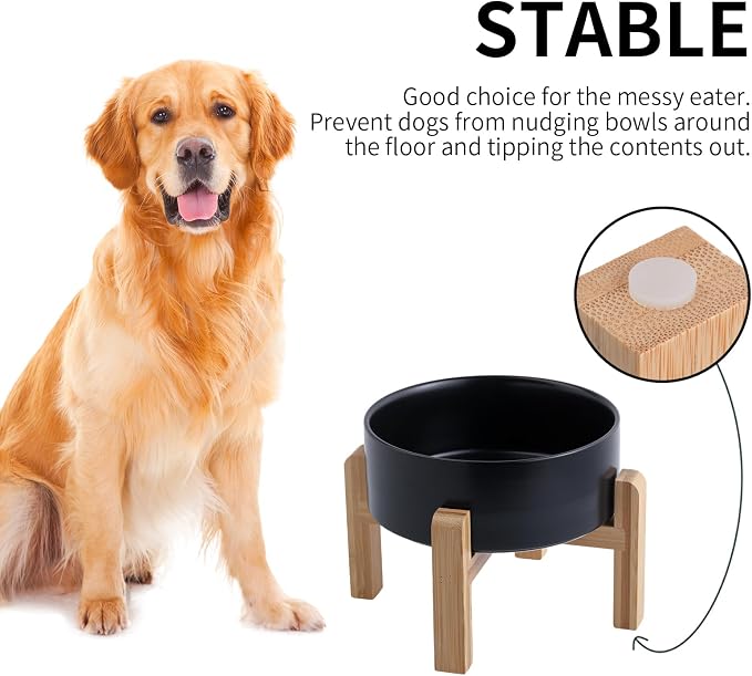Black Raised/Elevated Ceramic Dog Bowl for Small Medium Sized Breeds,Dog Food Water Bowl with Stand,6 in Non Slip Heavy Pet Feeding Dish 3.6 Cups/ 850 ml /28 OZ
