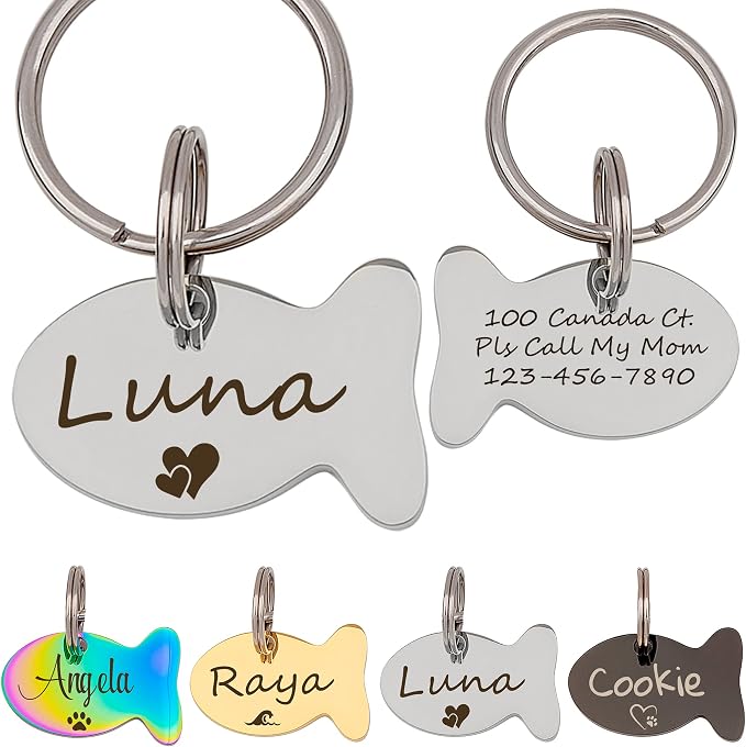 Anavia Cat Head & Fish Shape Pet ID Tags, Personalized Funny Icon Design Cat Name Tag, Customized Gold Plated Glossy Stainless Steel Black Rainbow Cat Dog Collar Tag (Small, Fish Shape, Silver)