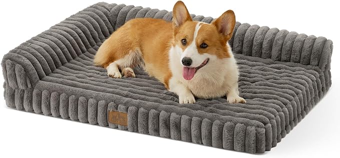COZY KISS Faux Rabbit Fur Medium Dog Bed – 36"x27" Orthopedic Foam Couch with Sides, Removable Washable Cover & Waterproof Lining, Grey