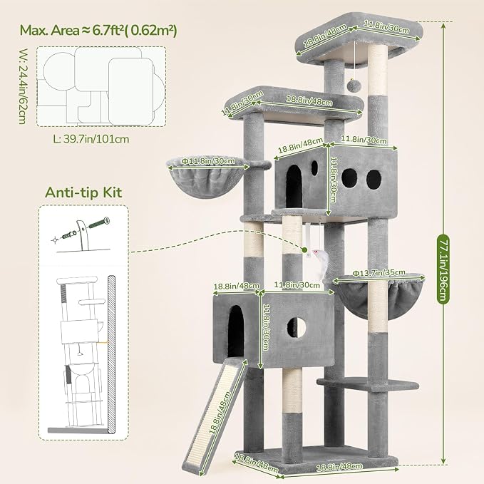 Globlazer Tall Cat Tower Extra Large Cat Tree House, S77D, Light Grey | 77 inch Cat Climbing Tower for Indoor Cats Large Adults with 5 Scratching Posts, 2 Cat Condos, 2 Platforms