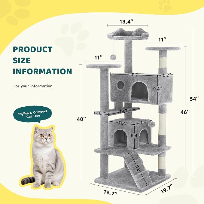 DUMOS 54 Inch Cat Tree Tower with Scratching Posts, Indoor Use | Multi-Level Pet House for Large Cats with 2 Condos, Round Platform, Small Ladder and Toys, Light Grey