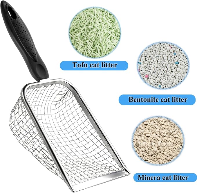 Cat Litter Scoop, Stainless Steel Cats Sturdy Mesh Scooper Kitty Metal Scooper Long Handle Scooper Shovel Sifter for All Litter Types Metal Cat Scooper for Litter Box