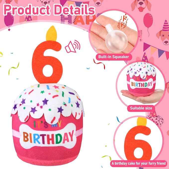 Dansydaisy Dog Birthday Cake Toy Squeaky Plush Toy for Girl Boy Gifts, Chew Accessories for Dog Birthday Party Decor Favor for Large, Medium and Small Dogs(6th,Pink)