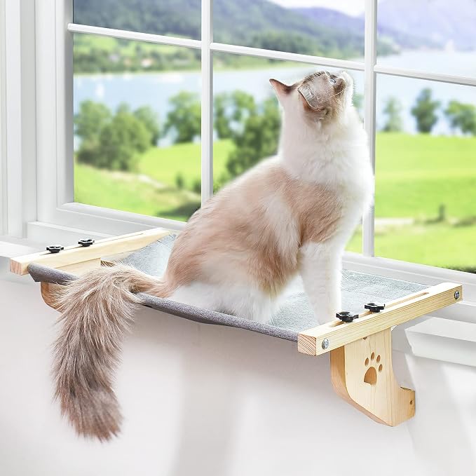 AMOSIJOY Cat Windowsill Perch with Wood & Metal Frame for Large Cat, 27.5in | Solid Wood Frame, Easy to Adjust, Washable Berber Fleece Cover, No Suction Cups Cat Window Seat for Windowsill, Bedside
