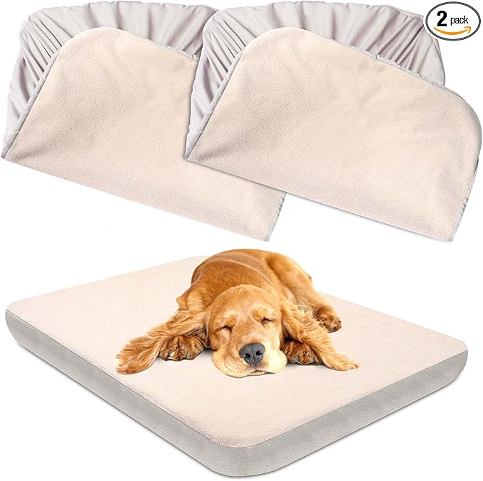 Dog Bed Covers Replacement Washable 100% Waterproof Dog Bed Sheets, Soft & Noiseless Pet Bed Cover 2 Pack 44" x 35" Beige