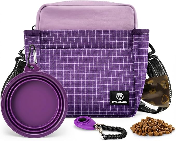 Dog Treat Pouch for Training, Magnetic Dog Walking Bag and Fanny Pack | Large treat pocket with poop bag dispenser, clicker and bowl; hands-free for dog training, walks, park trips and travel