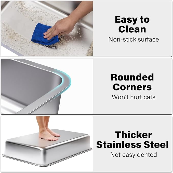 Stainless Steel Litter Box, XXXL Steel Litter Box 28" X 20" X 6" No Smell, Extra Large Metal Litterbox for Big Cat, Multiple Cats, Non Stick, Easy Cleaning