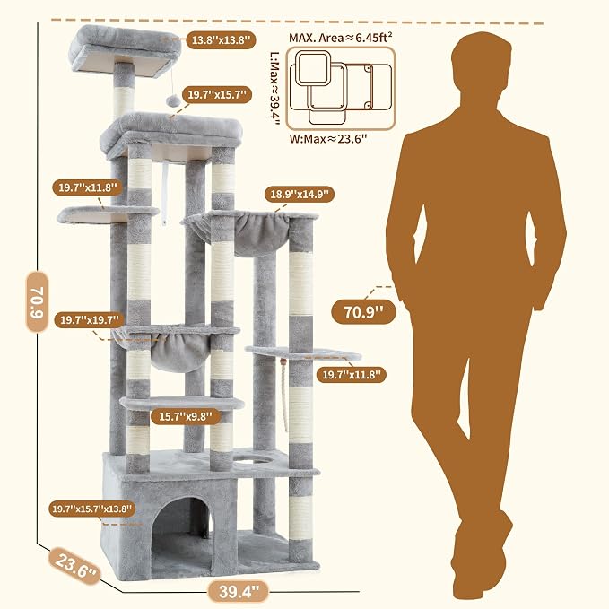 Heybly Cat Tree, 71-Inch Tall Cat Tower for Large Maine Coon Cats HCT037W | Cat Condo Furniture with Extra-Large Baseboard, Multi-Level Platforms, 2 Hammocks and 12 Scratching Posts, Light Gray