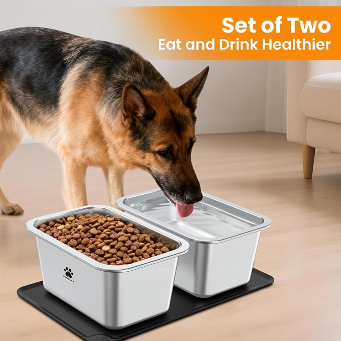 URPOWER 1.65 Gallon Large Dog Water Bowl, 2 Pack Thickened Stainless Steel Dog Water & Food Bowls with Non-Slip Mat, Spill-Proof Metal Pet Bowl Set for Medium, Large, X-Large Dogs, Indoor/Outdoor Use