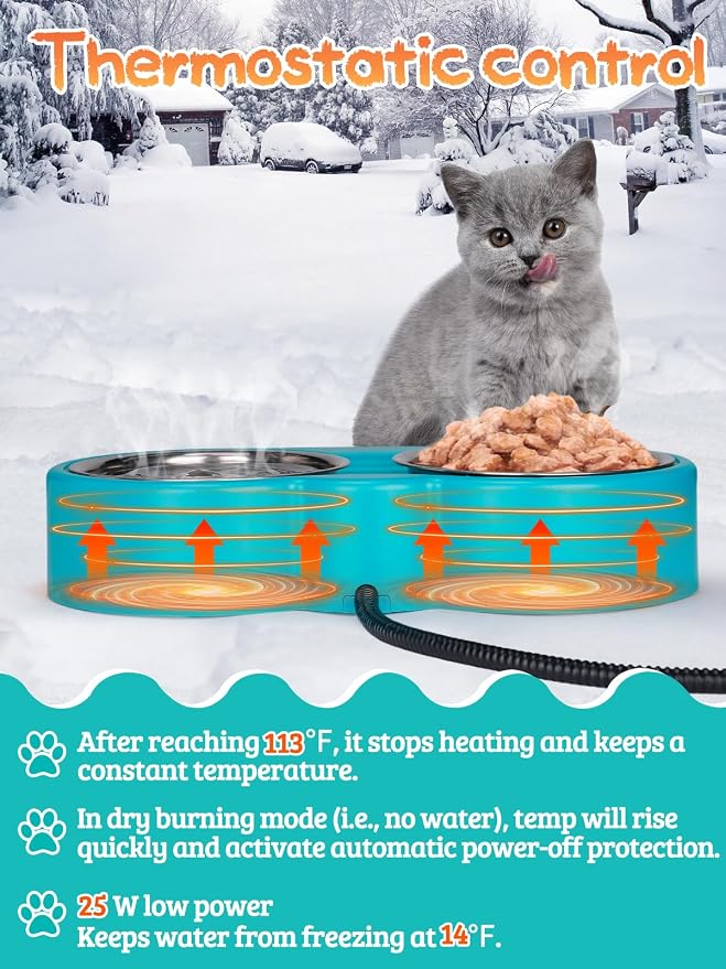 Heated Water Bowl for Cats - 48Oz Outdoor Heated Pet Dog Bowl with 2 Stainless Steel Bowl, Thermostatic Control for Keeping Water and Food from Freezing in Winter Cat Gifts