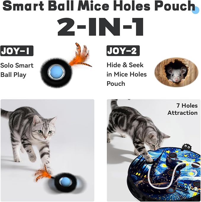 Interactive Cat Toy with Motion Activated Ball & 7-Hole Play Mat, Hide and Seek Exercise Game for Indoor Cats, Automatic Moving Cat Ball in Pouch, Rechargeable Kitten Toys (Starry Night)