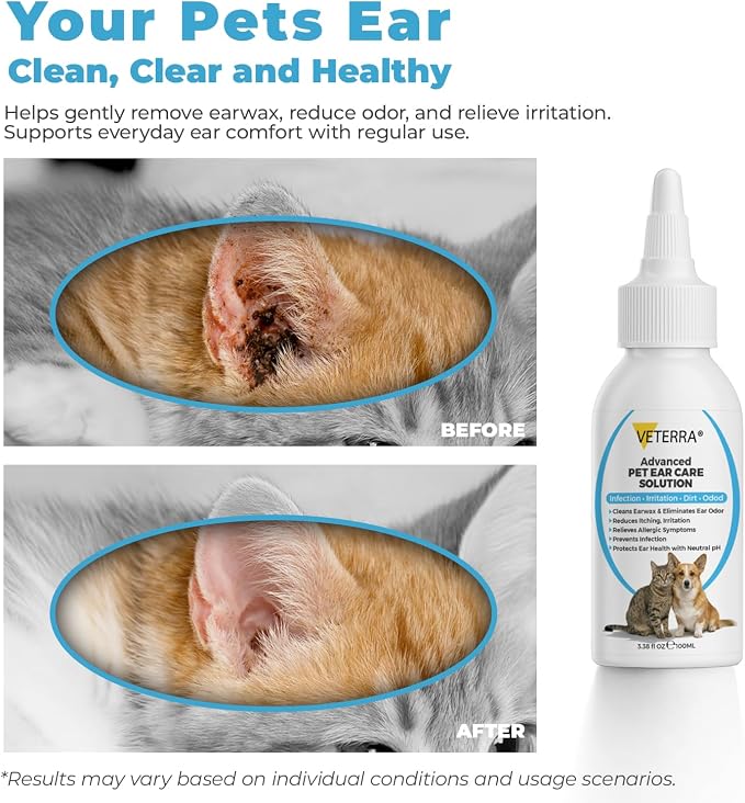 Dog and Cat Ear Cleaning Solution for Dogs & Cats – Vet Recommended Ear Cleaner, Helps Remove Wax & Odor, Supports Healthy Ears, Gentle No-Rinse Formula - 3.38 Oz - 100 Ml