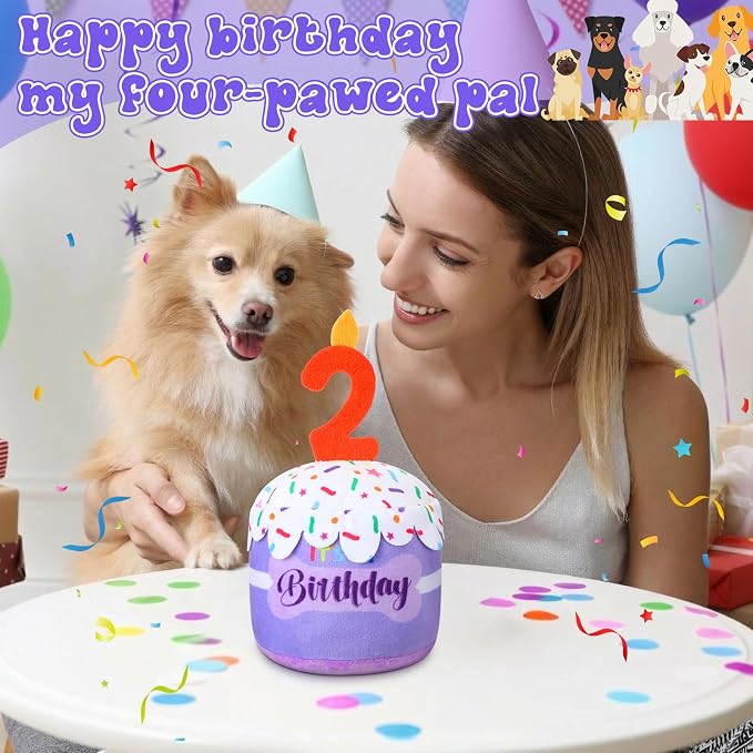 Dansydaisy Dog Birthday Cake Toy Squeaky Plush Toy for Girl Boy Gifts, Chew Accessories for Dog Birthday Party Decor Favor for Large, Medium and Small Dogs(2nd,Purple)