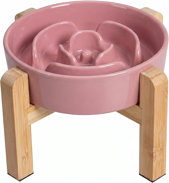 Elevated Slow Feeder Dog Bowl - Ceramic Maze Food Dish with Bamboo Stand - Raised Feeding Bowl for Fast Eaters - Ideal for Small and Medium Dogs - Pink - 6.7 inch