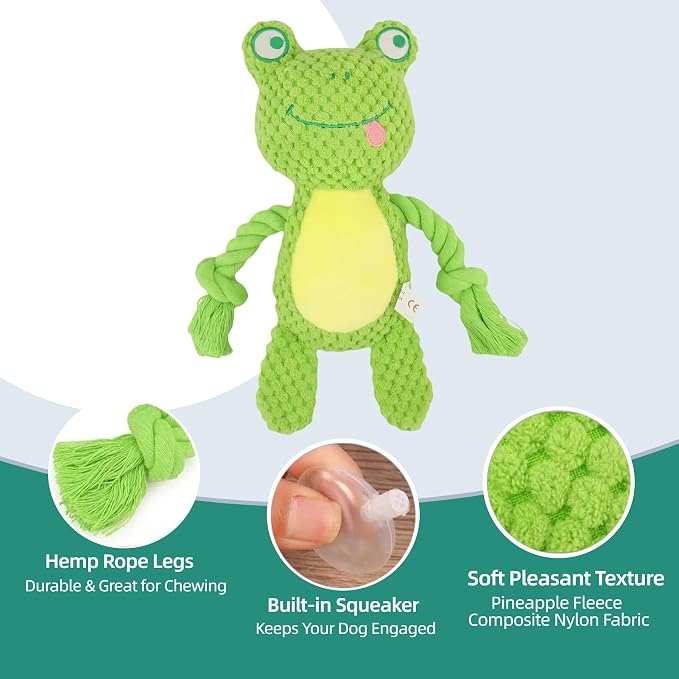 Cotton Rope Squeaky Dog Toy with Crinkle Paper – Interactive Plush Chew Toy for Small & Medium Puppies, Frog Design