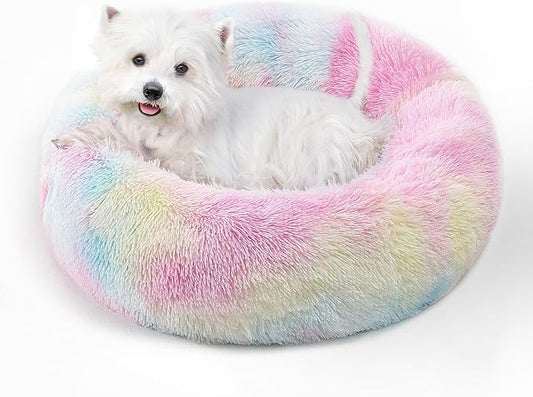 Calming Round Dog Bed & Cat Bed with Anti-Slip Bottom, Medium Size Washable Anti-Anxiety Donut Dog Beds for Small Dogs & Cats, Fluffy Plush Soft Dog Bed(24 Inch, Rainbow)