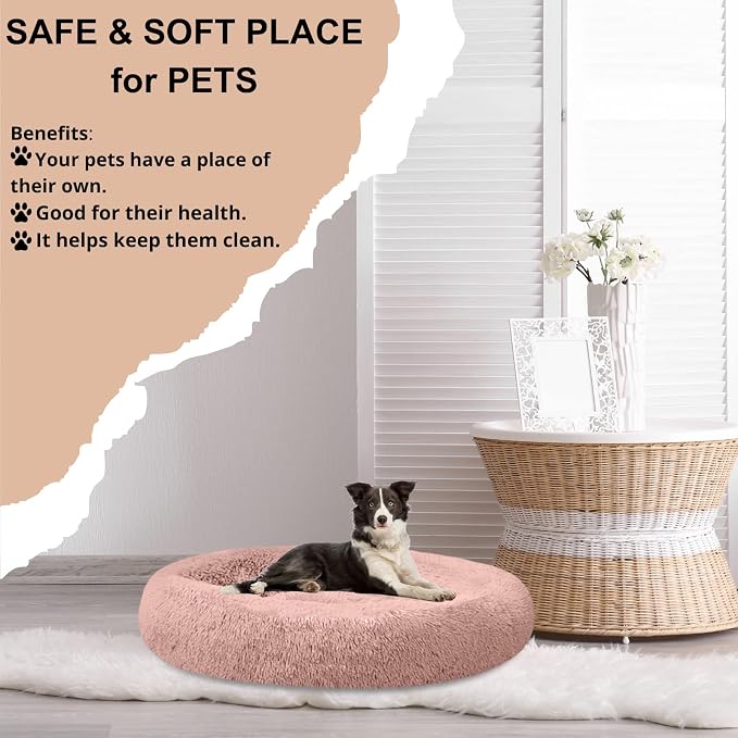 SAVFOX 54 inches Calming Donut Dog Bed - 3X Durable Plush Faux Fur, Machine Washable & Non-Slip, Fits up to 210 lbs, Removable Cover, Pink