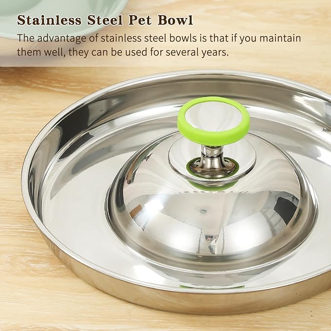 Fhiny 2Pack Stainless Steel Puppy Bowls, Pet Weaning Feeding Dish with Scoop for Litters Pets Silver Dog Food and Water Slow Feeder Bowl with Handle Container for Dogs Cats (M:11.8" Dia, 5¼ Cups)