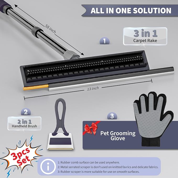 Carpet Rake for Pet Hair Removal - Reusable Dog & Cat Hair Remover with 58" Reinforced Steel Handle, 3-in-1 Professional Modular Rug Rake & Scraper Tool for Shag Rugs, Couch, Stairs (Gray)