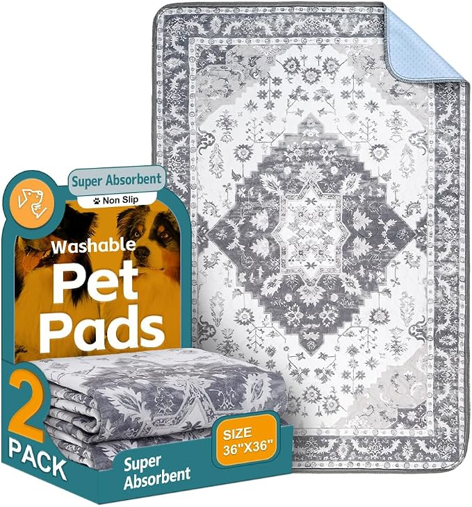 Washable Pee Pads for Dogs, 2 Pack Reusable Puppy Training Pads 36"x36" Super Absorbent Waterproof Dog Training Pads, Non-Slip Potty Pads, Whelping Pads Litter Mat Light Grey Medallion