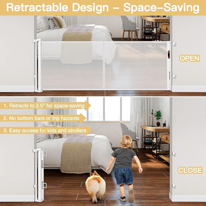Reinforced 28 Inch Tall Retractable Baby Gates for Dogs, Easy Step Over Pet Gate with Support Rods, 55" Wide Retractable Dog Gate, Puppy Gates for The House Short Dog Gate for Stairs, Doorways, White