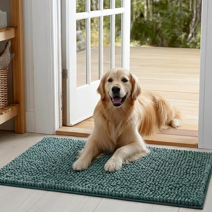 EHEYCIGA Super Absorbent Dog Door Mat for Muddy Paws 24x16 Inch Indoor, Front Doormat Outside Entrance, Quick Dry Chenille Washable Dog Crate Bed, Non-Slip Pet Rug Mud Mat Outdoor Entryway, Green