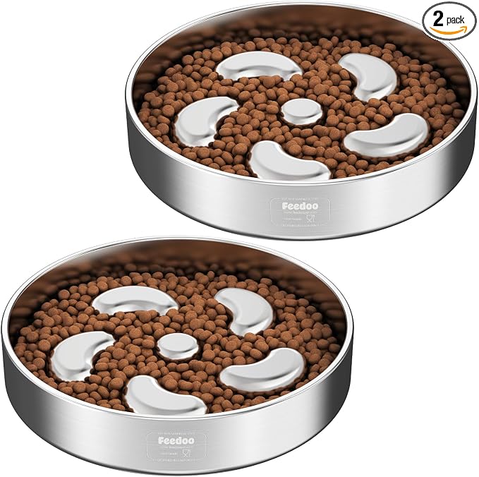 Slow Feeder Dog Bowl-2Cups for Medium Breeds, Double-Layer Stainless Steel, Heavy-Duty with Non-Slip Rubber Base, Puzzle Maze Bowl to Slow Down Eating [2Pack]