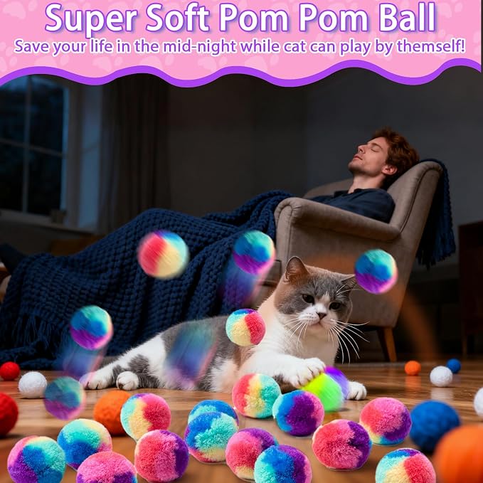 Mity rain 51PCS Cat Ball Launchers & Pom Pom Balls Interactive Cat Toy Set – Safe Soft Plush Kitten Toys for Indoor Cats, Fun Kitten Toys for Endless Active Play